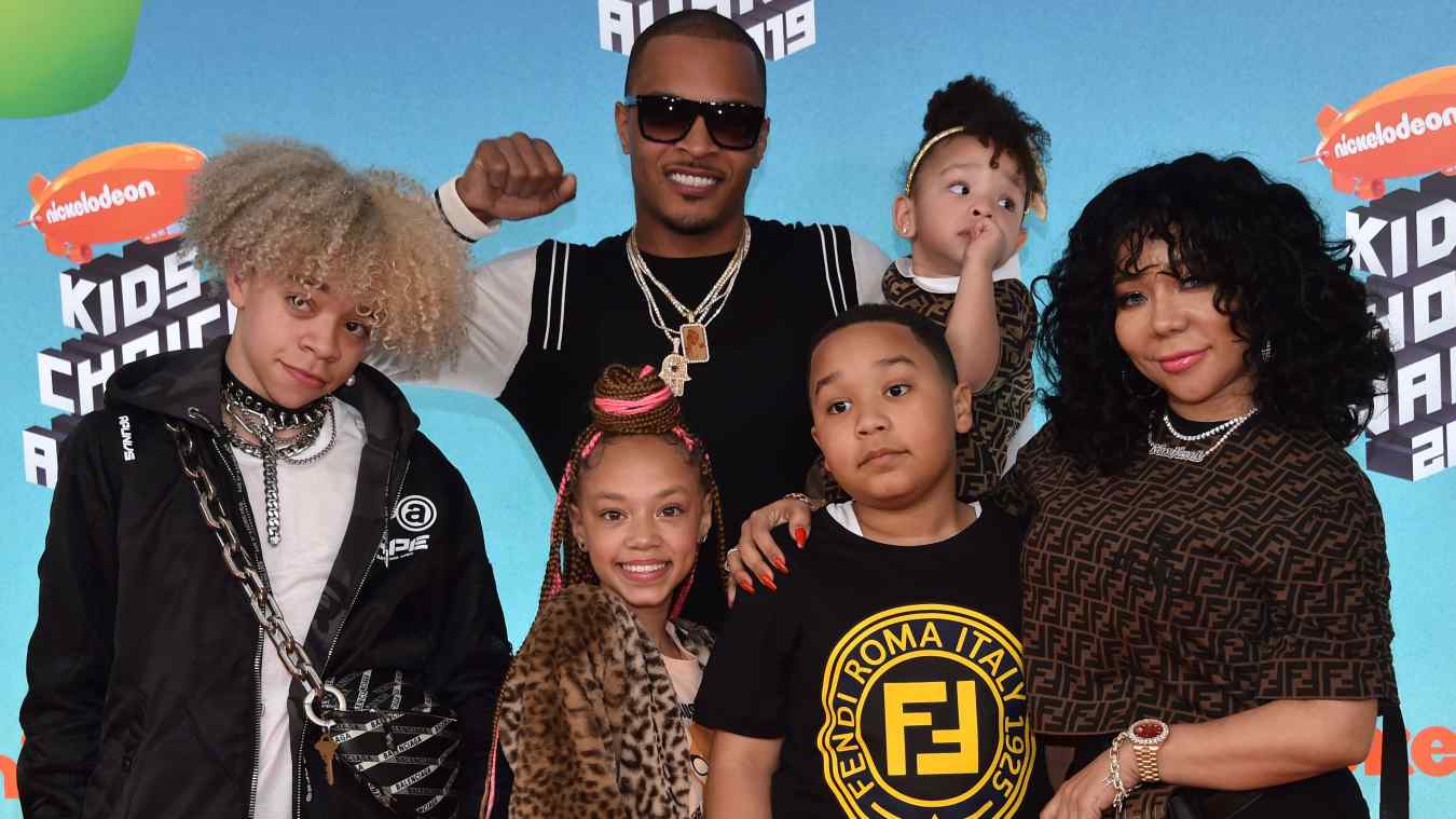 US rapper T.I. (C), wife singer-songwriter Tiny (R) and their children (from L) Clifford "King" Joseph Harris III, Layah Amore Harris, Major Philant Harris and Heiress Diana Harris arrive for the 32nd Annual Nickelodeon Kids' Choice Awards at the USC Galen Center on March 23, 2019