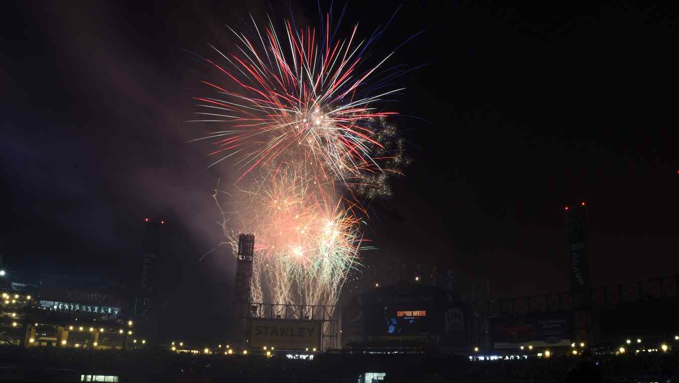 Fireworks to celebrate the fourth of July explode after the game between the Chicago White Sox and the Baltimore Orioles on July 3, 2015 at U. S. Cellular Field in Chicago, Illinois.