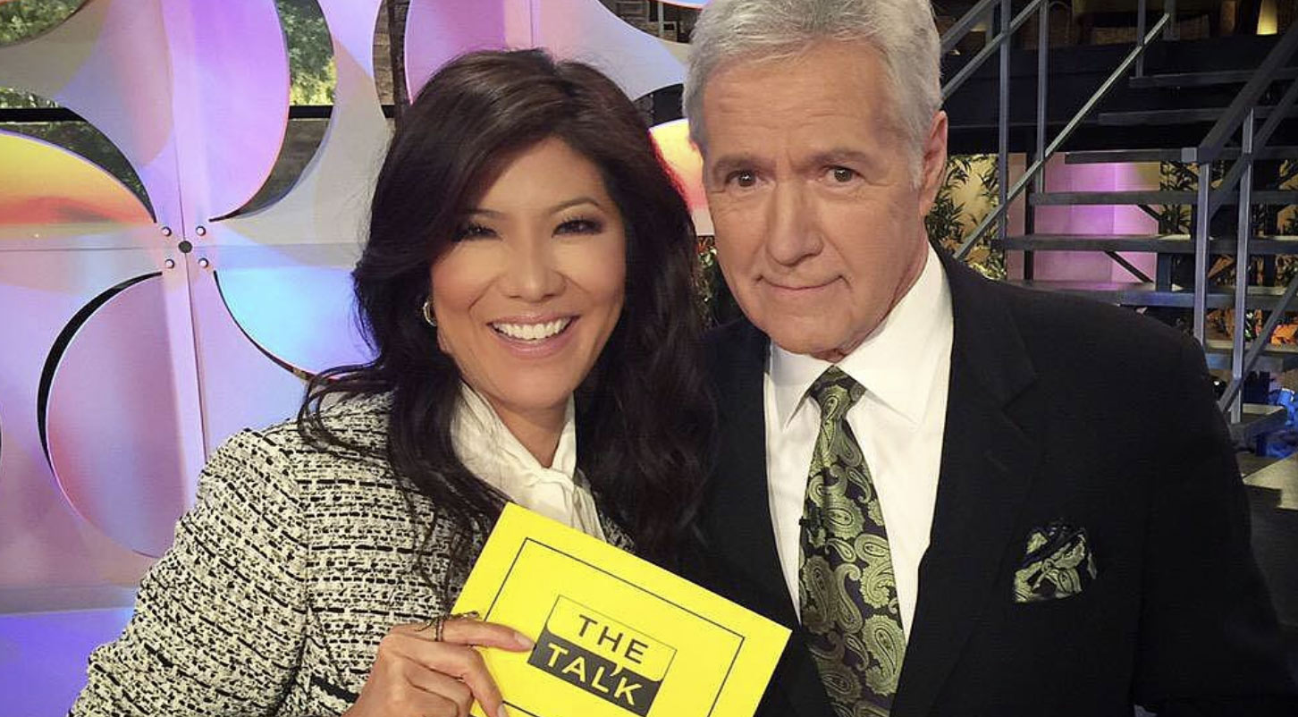 Julie Chen and Alex Trebek pose for a photograph on the set of The Talk