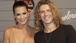 Angela Rummans and Tyler Crispen of the television show Big Brother on the red carpet during the 2019 State Farm Chris Paul PBA Celebrity Invitational