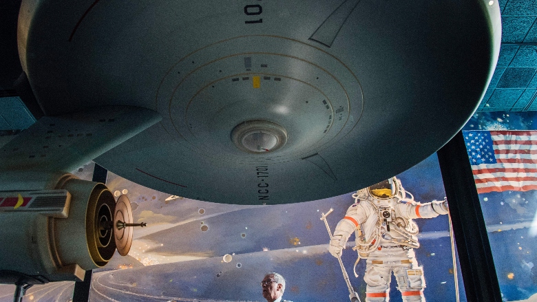the original model of the starship U.S.S. Enterprise from the television series "Star Trek" as it hangs on display at the Smithsonian Air and Space Museum in Washington, DC