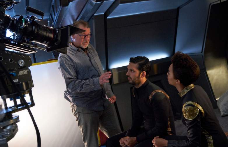 Director, Jonathan Frakes; Shazad Latif as Lieutenant Ash Tyler; Sonequa Martin-Green as First Officer Michael Burnham of the CBS All Access series STAR TREK: DISCOVERY