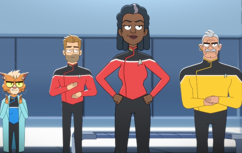 Gillian Vigman as Dr. T'ana, Jerry O'Connell as Commander Ransom, Dawnn Lewis as Captain Freeman and Fred Tatasciore as Lieutenant Shaxs of the CBS All Access series STAR TREK: LOWER DECKS