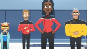 Gillian Vigman as Dr. T'ana, Jerry O'Connell as Commander Ransom, Dawnn Lewis as Captain Freeman and Fred Tatasciore as Lieutenant Shaxs of the CBS All Access series STAR TREK: LOWER DECKS