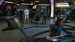 Mary Wiseman as Ensign Tilly, Ian Alexander as Gray, Wilson Cruz as Dr. Hugh Culber, Sonequa Martin-Green as Commander Burnham, Oyin Oladejo as Lt. Joann Owosekun, David Ajala as Book and Kenneth Mitchell as Aurellio of the CBS All Access series STAR TREK: DISCOVERY