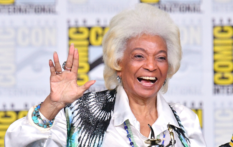 Nichelle Nichols accepts an Inkpot Award onstage at the "From The Bridge" Panel during Comic-Con International 2018 at San Diego Convention Center on July 19, 2018