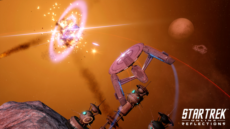 Starfleet ship flying into battle in Star Trek Online: Reflections