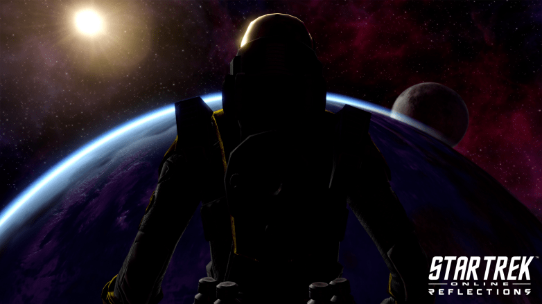 A shadowy figure observes a planet from the bridge of a ship in Star Trek Online: Reflections
