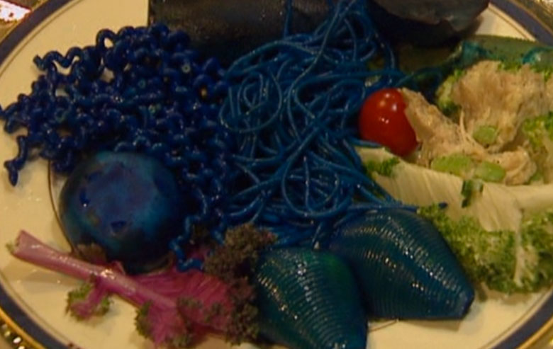 A close-up of the blue and purple food from ‘Star Trek VI’