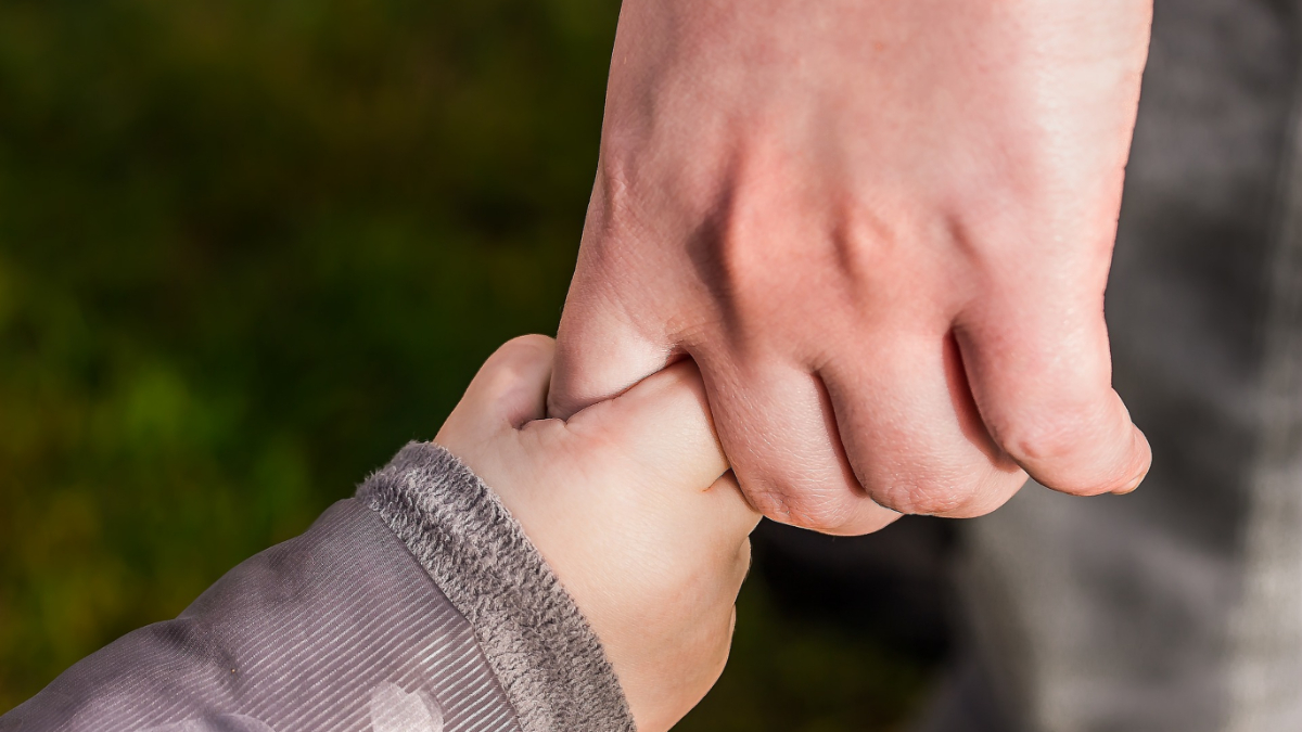 A child holding an adult's hand.
