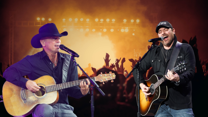Kenny Chesney and Chris Young singing and playing guitar