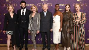 Carrie Coon, Morgan Spector, Christine Baranski, Julian Fellowes, Denee Benton, Louisa Jacobson, and Cynthia Nixon at "The Gilded Age" FYC screening in 2022