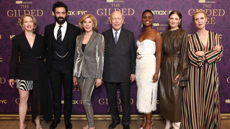 Carrie Coon, Morgan Spector, Christine Baranski, Julian Fellowes, Denee Benton, Louisa Jacobson, and Cynthia Nixon at "The Gilded Age" FYC screening in 2022