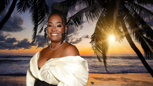 Cirie Fields in front of a topical island