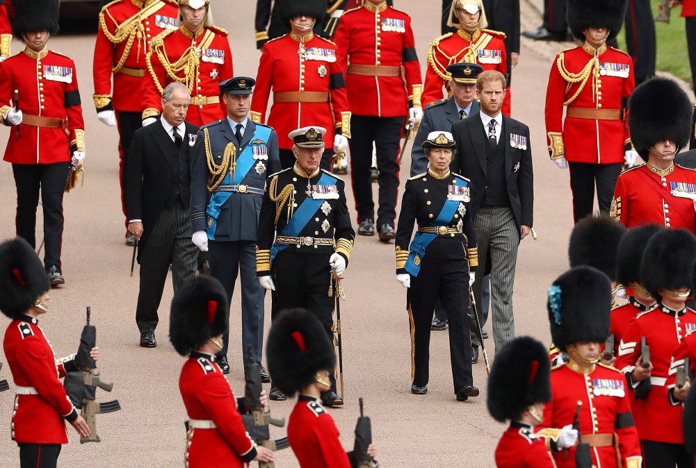Britain's King Charles III, Prince William, Prince Harry