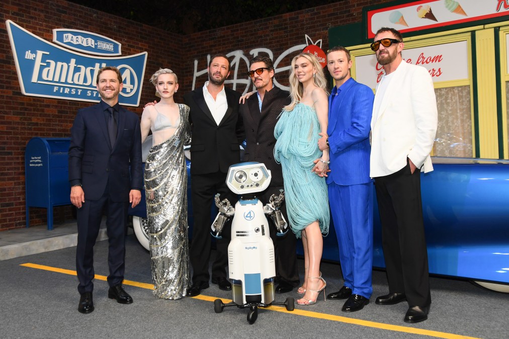 Matt Shakman, Julia Garner, Ebon Moss-Bachrach, Pedro Pascal, Vanessa Kirby, Joseph Quinn, and Ralph Ineson at the "The Fantastic Four: First Steps" UK Launch Event (2025)