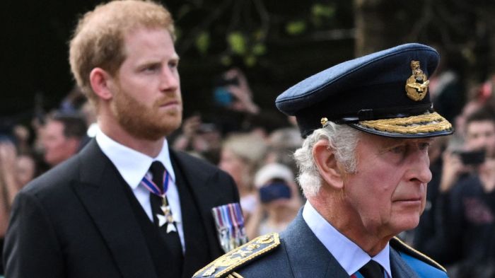 Britain's King Charles III and Britain's Prince Harry, Duke of Sussex walk behind the coffin of Queen Elizabeth II, adorned with a Royal Standard and the Imperial State Crown and pulled by a Gun Carriage of The King's Troop Royal Horse Artillery, during a procession from Buckingham Palace to the Palace of Westminster