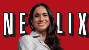 Meghan Markle in front of the Netflix logo