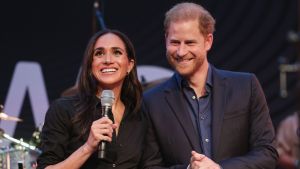 Prince Harry, Duke of Sussex and Meghan, Duchess of Sussex speak on stage at the "Friends @ Home Event" at the Station Airport during day three of the Invictus Games Düsseldorf 2023 on September 12, 2023 in Duesseldorf, Germany