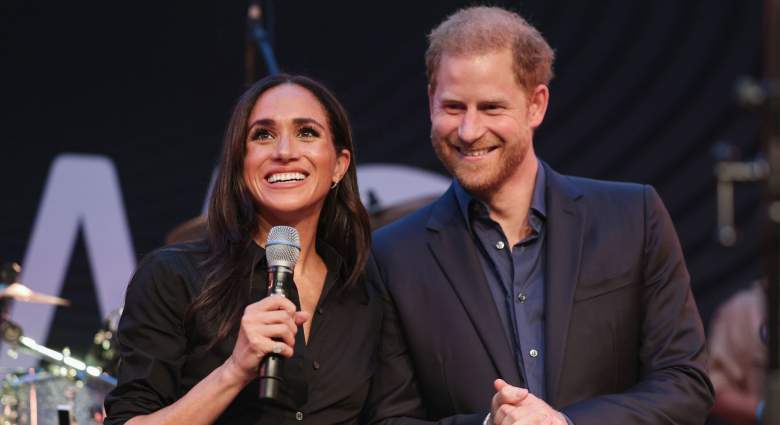 Prince Harry, Duke of Sussex and Meghan, Duchess of Sussex speak on stage at the "Friends @ Home Event" at the Station Airport during day three of the Invictus Games Düsseldorf 2023 on September 12, 2023 in Duesseldorf, Germany