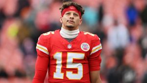 Patrick Mahomes #15 of the Kansas City Chiefs looks on before the game against the Cleveland Browns at Huntington Bank Field on December 15, 2024 in Cleveland, Ohio