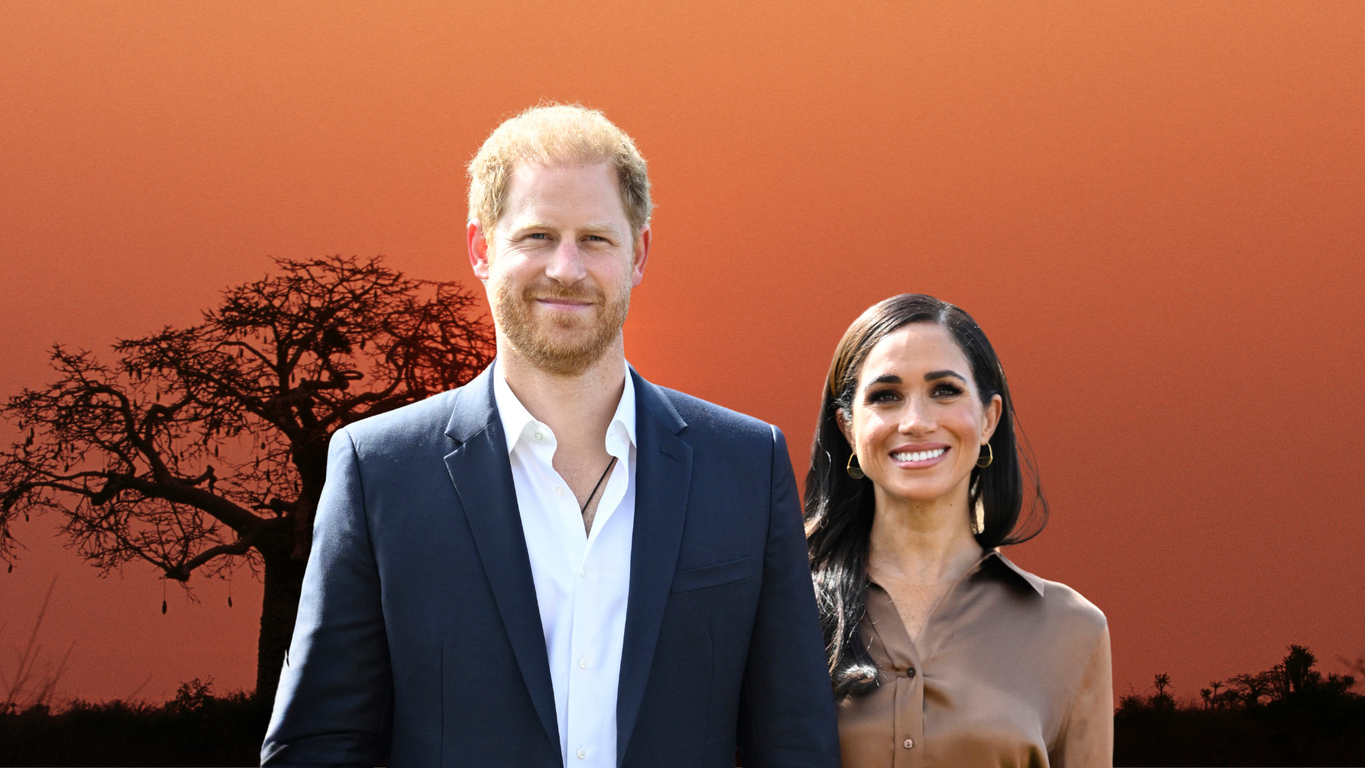 Prince Harry and Meghan Markle in front of scenery from Angola