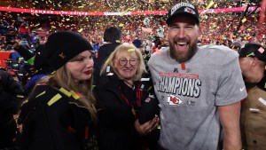 Donna Kelce, Taylor Swift and Travis Kelce celebrate the Kansas City Chiefs win