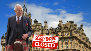 King Charles and Balmoral Castle with a "Sorry, we're closed" sign