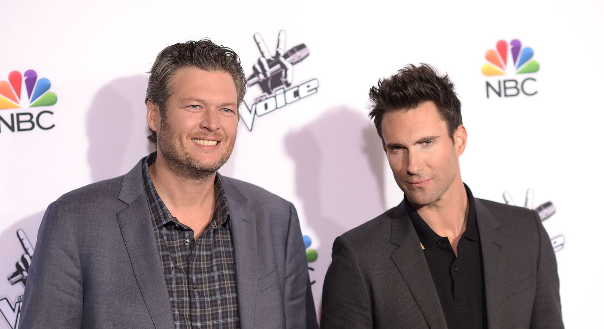 Singers Blake Shelton and Adam Levine attend NBC's "The Voice" Season 7 Red Carpet Event at Universal CityWalk on November 24, 2014 in Universal City, California