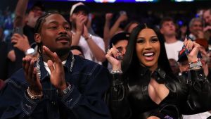 NFL Player Stefon Diggs and rapper Cardi B sits court-side during the first quarter in Game Four of the Eastern Conference Second Round NBA Playoffs