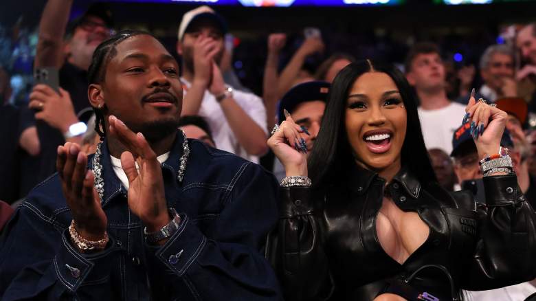NFL Player Stefon Diggs and rapper Cardi B sits court-side during the first quarter in Game Four of the Eastern Conference Second Round NBA Playoffs