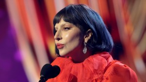 Lady Gaga gives a speech at an event