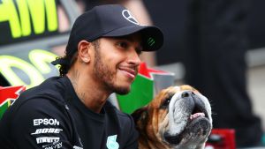 Race winner Lewis Hamilton of Great Britain and Mercedes GP celebrates his record breaking 92nd race win with his dog Roscoe in the pitlane during the F1 Grand Prix of Portugal at Autodromo Internacional do Algarve on October 25, 2020