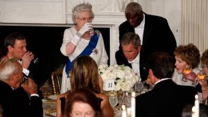 Her Majesty Queen Elizabeth II offers a toast to U.S. President George W. Bush and those gathered in the State Dining Room during a formal white-tie state dinner at the White House May 7, 2007 in Washington, DC. Queen Elizabeth II and Prince Phillip, the Duke of Edinburgh are on a six day trip to the United States