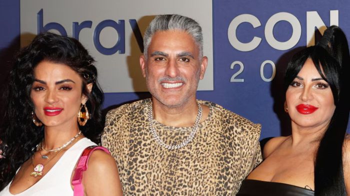 Golnesa Gharachedaghi, Reza Farahan, and Mercedes Javid attend BravoCon 2023 at Caesars Forum on November 3, 2023 in Las Vegas, Nevada.