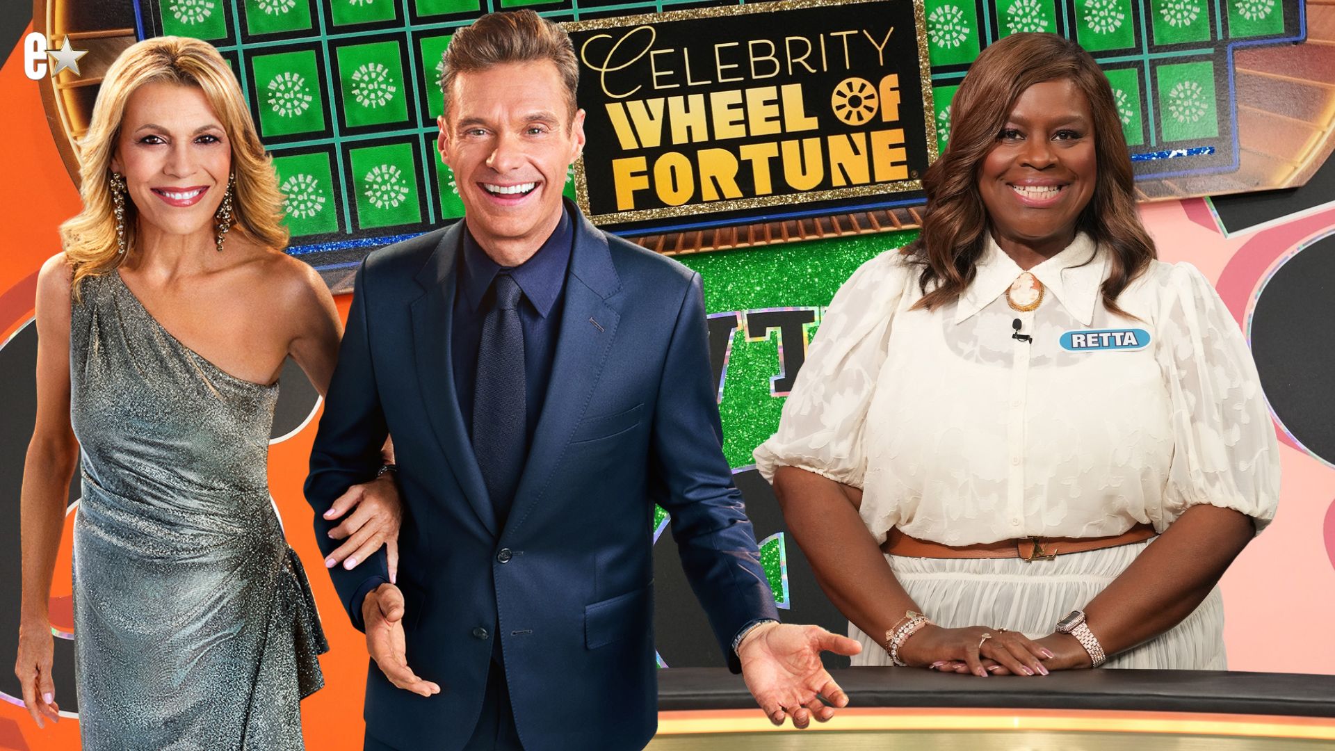 "Celebrity Wheel of Fortune" hosts Ryan Seacrest and Vanna White with Retta