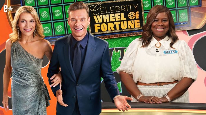 "Celebrity Wheel of Fortune" hosts Ryan Seacrest and Vanna White with Retta