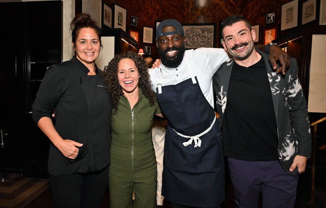 Chefs Antonia Lofaso (L), Eric Adjepong (2nd R) and guests attend the Food Network New York City Wine &amp