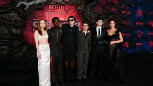 (L/R) US actors Sadie Sink, Caleb McLaughlin, Canadian actor Finn Wolfhard, US actors Gaten Matarazzo, Noah Schnapp and British actress Millie Bobby Brown attend the world premiere of Netflix's "Stranger Things", Season 5