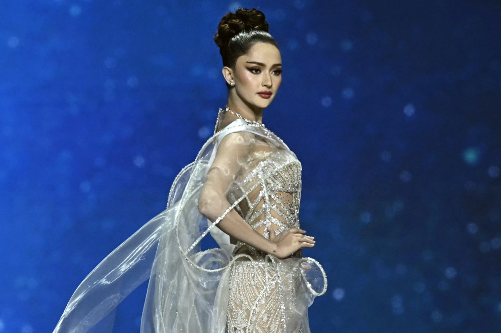 Miss Philippines Ahtisa Manalo poses onstage in evening wear