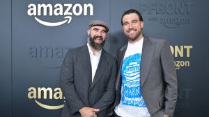 Jason Kelce and Travis Kelce attend Amazon's Upfront 2025 Presentation at Beacon Theatre on May 12, 2025 in New York City