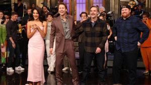 Olivia Dean, Glen Powell, Will Forte, and Mitch the UPS guy