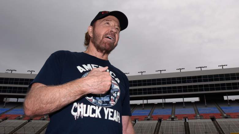 Actor Chuck Norris reacts prior to the NASCAR Sprint Cup Series AAA Texas 500