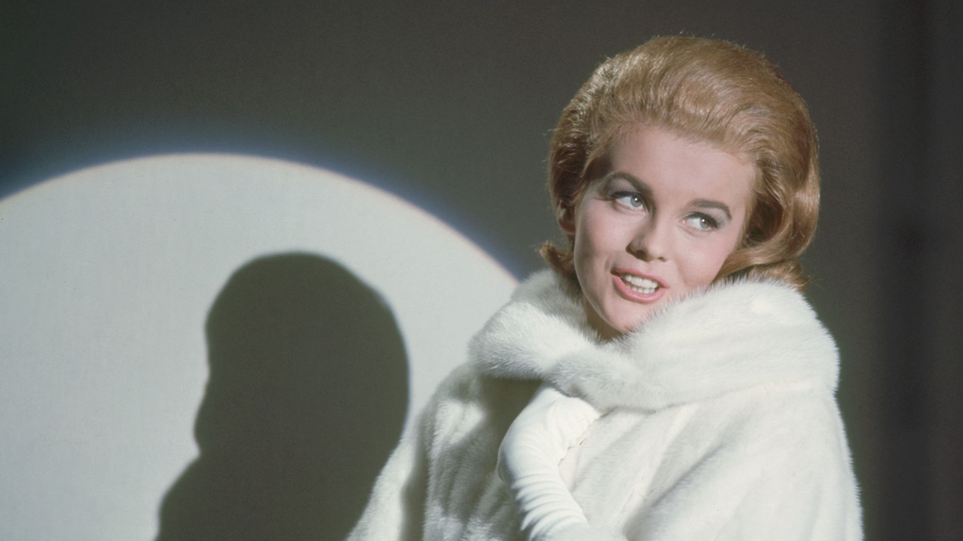 Actress Ann-Margret pictured in a studio portrait, USA, circa 1965. Ann-Margret Olsson wears white fur coat, with her silhouette cast on the wall behind her