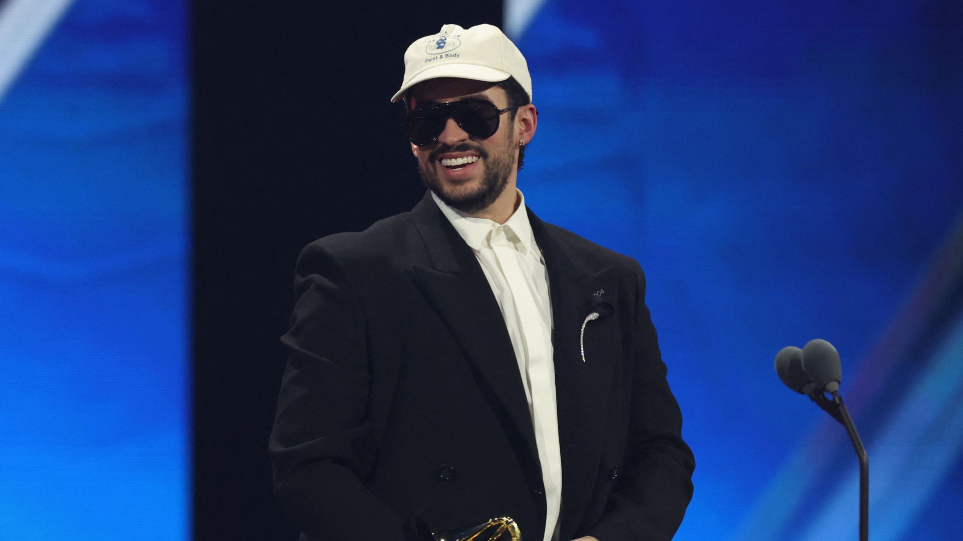 Puerto Rican singer Bad Bunny accepts the Album of the Year award for "DeBI TIRAR MaS FOToS" during the 26th Annual Latin Grammy Awards at the MGM Grand Garden Arena in Las Vegas, Nevada