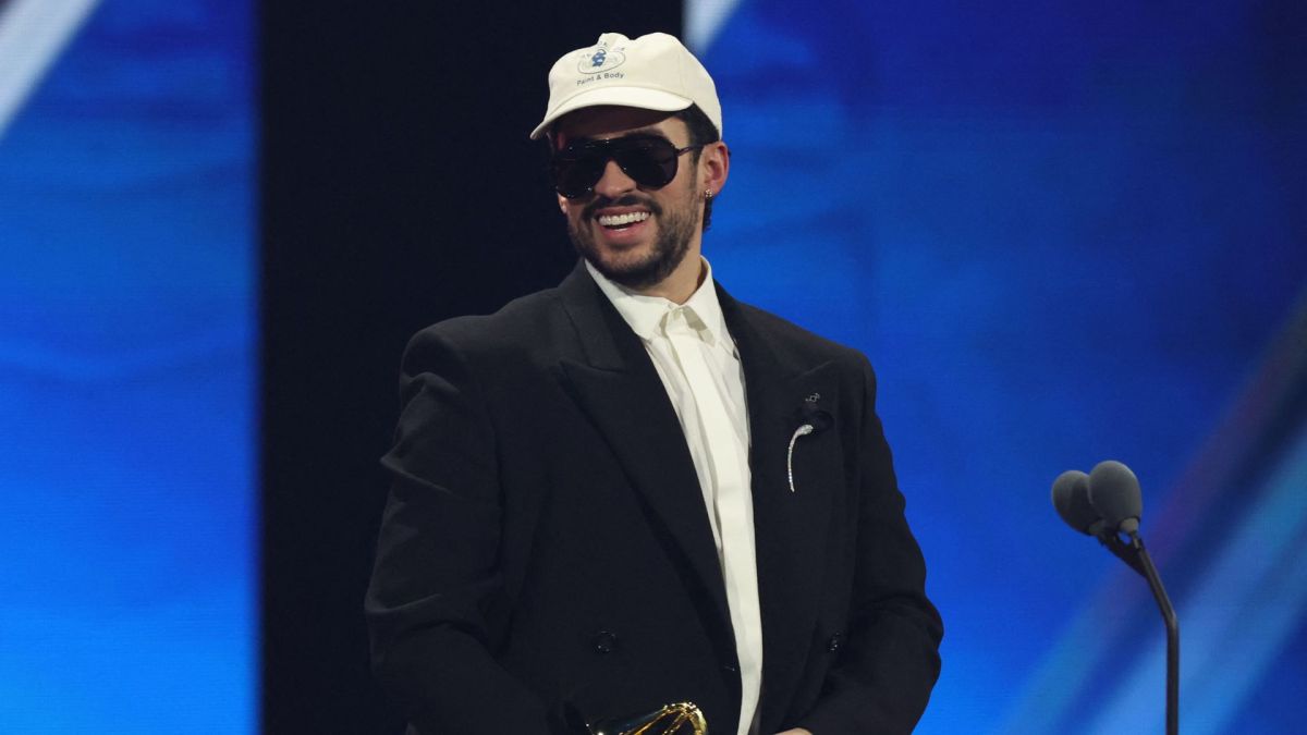 Puerto Rican singer Bad Bunny accepts the Album of the Year award for "DeBI TIRAR MaS FOToS" during the 26th Annual Latin Grammy Awards at the MGM Grand Garden Arena in Las Vegas, Nevada