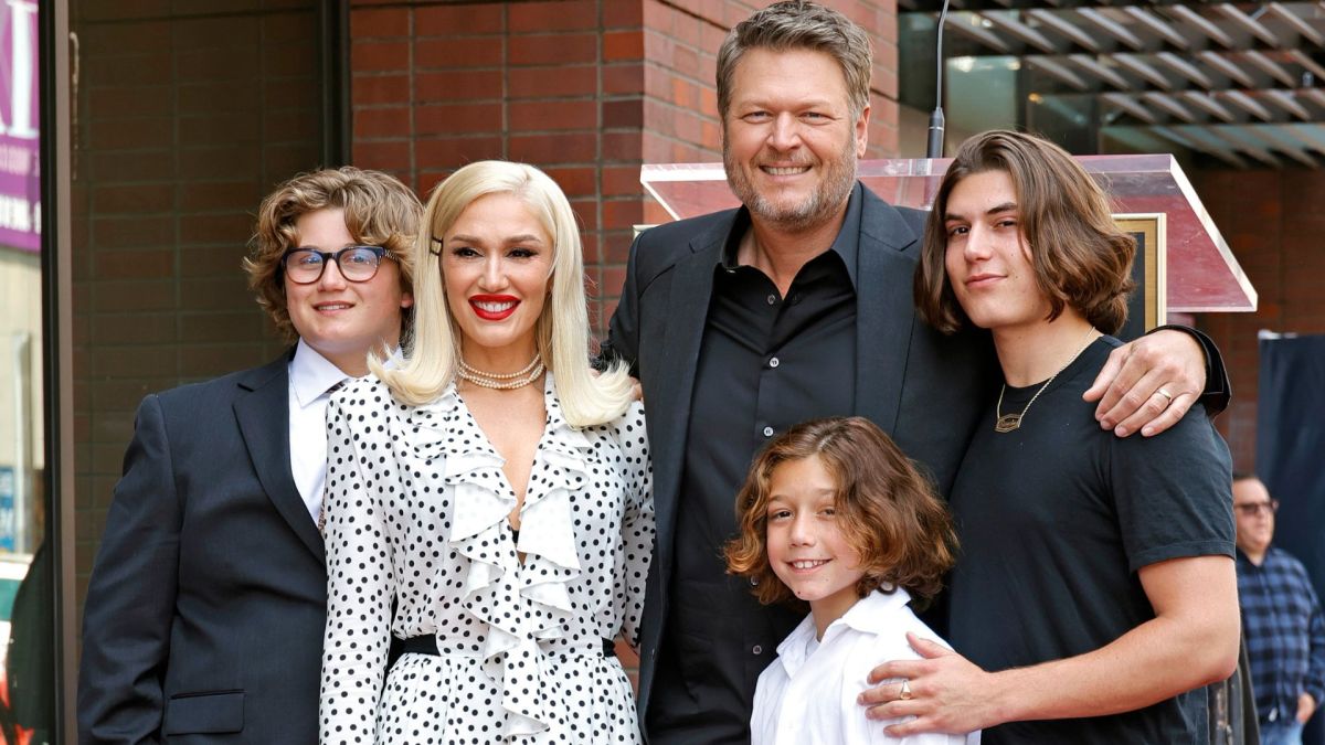 Zuma Rossdale, Gwen Stefani, Blake Shelton, Apollo Rossdale, and Kingston Rossdale attend Blake Shelton's Star Ceremony on The Hollywood Walk Of Fame on May 12, 2023 in Hollywood, California