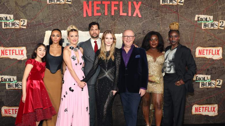 (L-R) Serrana Su-Ling Bliss, Abbie Hern, Millie Bobby Brown, Henry Cavill, Hannah Dodd, Harry Bradbeer, Susan Wokoma and Sharon Duncan-Brewster attend the Netflix Enola Holmes 2 Premiere