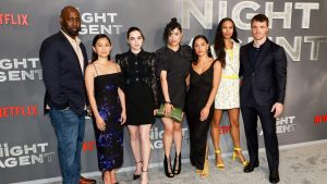 D.B. Woodside, Hong Chau, Sarah Desjardins, Eve Harlow, Luciane Buchanan, Fola Evans-Akingbola and Gabriel Basso attend the Los Angeles premiere of Netflix's "The Night Agent"