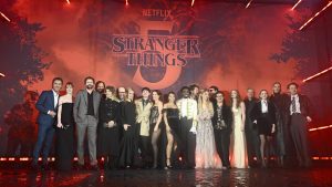 (L-R) Shawn Levy, Amybeth McNulty, Ross Duffer, Matt Duffer, Linda Hamilton, Brett Gelman, Cara Buono, Noah Schnapp, Millie Bobby Brown, Priah Ferguson, Caleb McLaughlin, Joe Keery, Natalia Dyer, Finn Wolfhard, Gaten Matarazzo, Sadie Sink, Ted Sarandos, Nell Fisher, Jamie Campbell Bower and Charlie Heaton attend the "Stranger Things 5" UK Special Screening